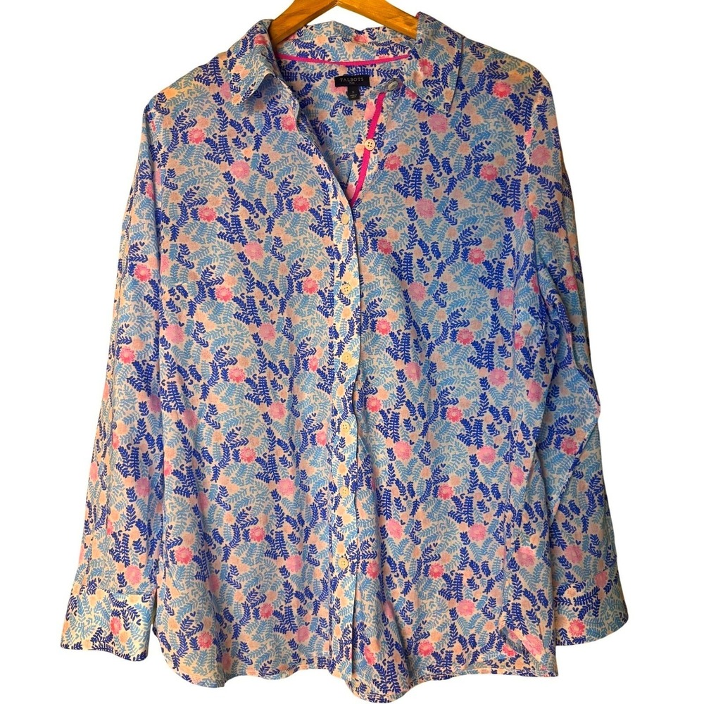 Talbots Plus Womens X Cotton Button Down Shirt Blue Pink Floral Print Long Slv